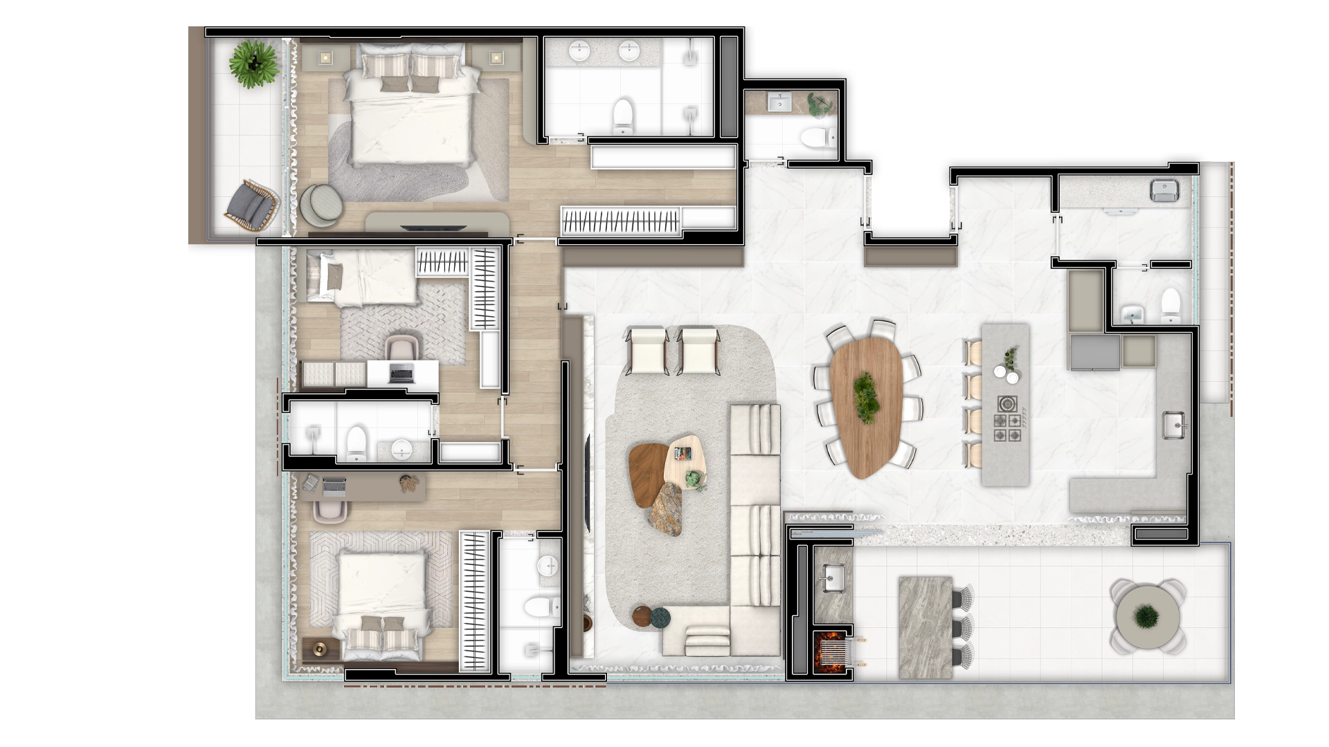 Apartamento Tipo 1 - Cozinha Aberta + 3 Suítes
