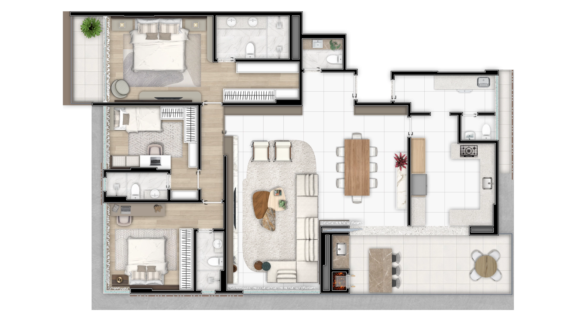 Apartamento Tipo 3 - Cozinha Fechada + 3 Suítes